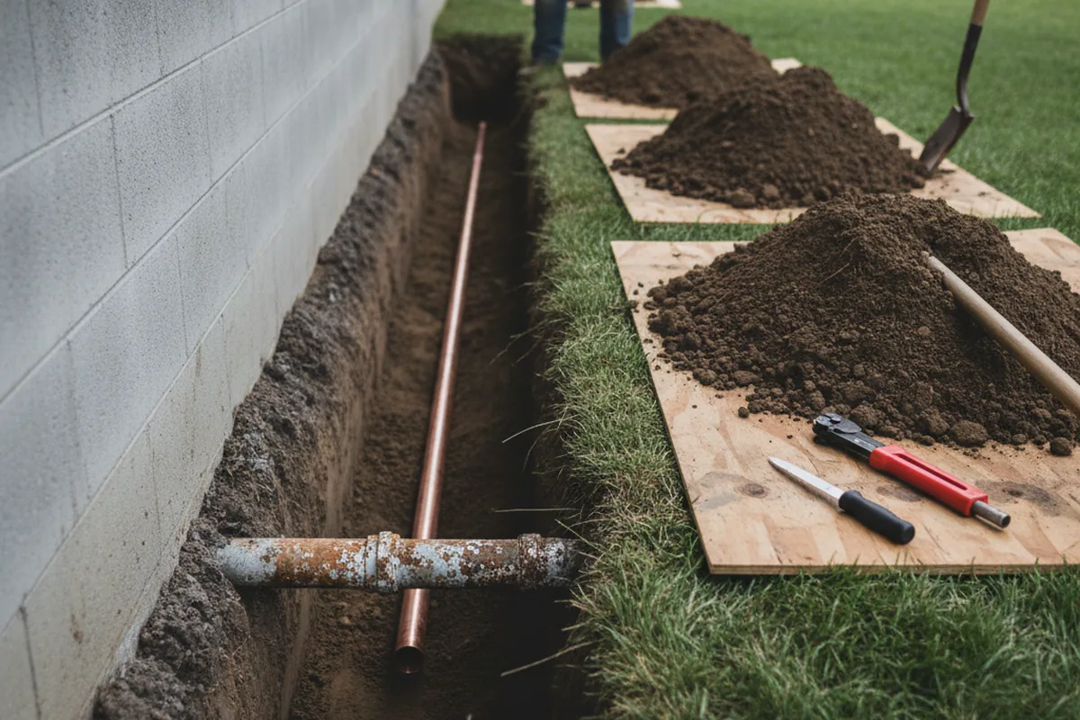 Excavated water line trench during Water Softener Installation in Millers Falls